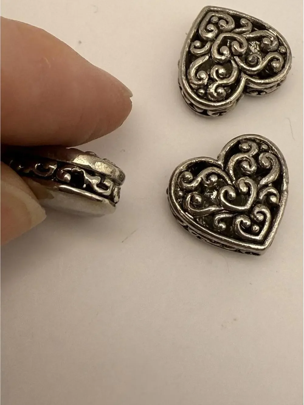 3 large Heart-Shaped Silver Beads